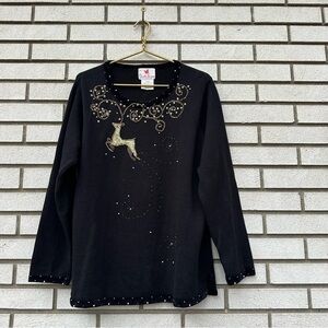 Quaker Factory Reindeer Beaded Ugly Cute Christmas Holiday Sweater Black Gold